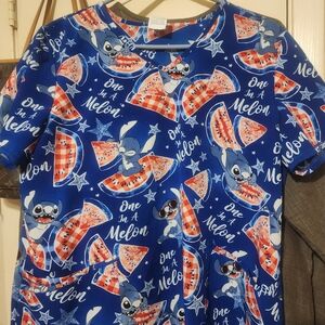 Disney Blue Red Stitch Character Scrubbs Top With Front Pockets Large